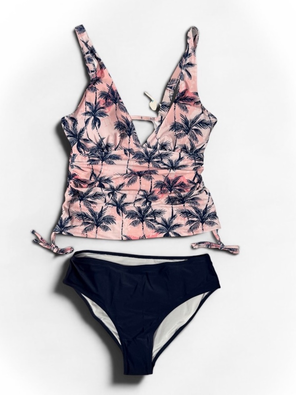 NWT Beachissi Tankini Pink/Navy Palm Tree Print Solid Navy Bottoms. Size L, XL